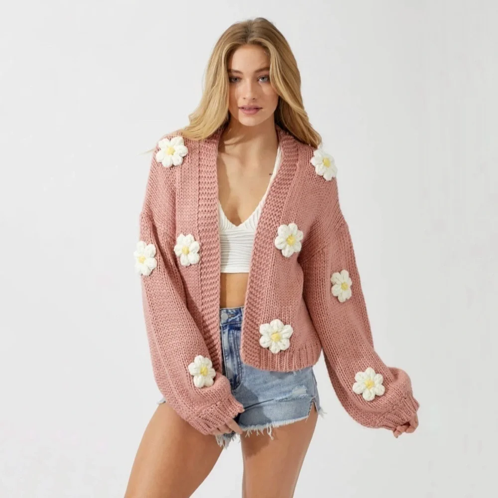 Baevely Daisy Cardigan Open Front Bubble Sleeve Floral Sweater Dusty Mauve Small